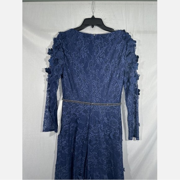 NEW $798‎ Mac Duggal [ 8 ] Floral Applique Long Sleeve Wrap Gown Blue - Picture 11 of 16